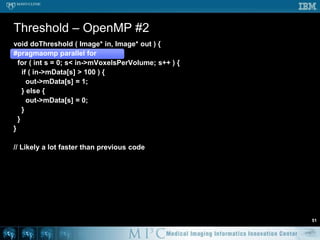 ITK ImplementationThreads operate across slicesOnly implemented behavior in ITKitk::MultiThreader is somewhat flexibleRequires that you break the ITK modelUses Thread Join, higher overheadNo thread pool45