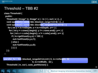 Few constructsITK+ Integrated+ Simple Limited control+/- ITK onlyTBB+/- More complex+ Fine-grain control+ Intel (-?)+ Open Source+ Some constructs Must re-write codeOpenMP+ Simple+ Adapt existing code+/- Industry standard+/- Compiler support Coarse-grain controldiy