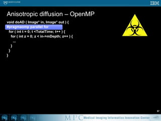 Threshold – OpenMP #150void doThreshold ( Image* in, Image* out ) {#pragmaomp parallel for  for ( int z = 0; z < in->mDepth; z++ ) {    for ( int y = 0; y < in->mHeight; y++ ) {      for ( int x = 0; x < in->mWidth; x++ ) {        if ( in->getVoxel(x,y,z) > 100 ) {          out->setVoxel(x,y,z,1);        } else {          out->setVoxel(x,y,z,0);        }      }    }  }}// NB: can loop over slices, rows or columns by moving// pragma, but must choose at compile time