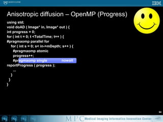 Anisotropic diffusion – OpenMP57void doAD ( Image* in, Image* out ) {#pragmaomp parallel for  for ( int t = 0; t < TotalTime; t++ ) {    for ( int z = 0; z < in->mDepth; z++ ) {      ...    }  }}