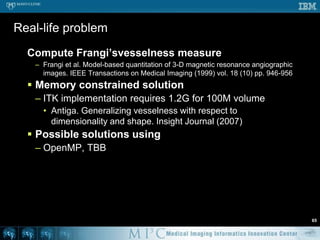 Anisotropic diffusion – OpenMP58void doAD ( Image* in, Image* out ) {  short *previousSlice, *slice, *nextSlice;  for ( int t = 0; t < TotalTime; t++ ) {#pragmaomp parallel for    for ( int z = 1; z < in->mDepth-1; z++ ) {previousSlice = in->mSlicePointers[z-1];      slice = in->mSlicePointers[z];nextSlice = in->mSlicePointers[z+1];      for ( int y = 1; y < in->mHeight-1; y++ ) {        short* previousRow = slice + y-1 * in->mWidth;        short* row = slice + y * in->mWidth;        short* nextRow = slice + y-1 * in->mWidth;        short* aboveRow = previousSlice + y * in->mWidth;        short* belowRow = nextSlice + y * in->mWidth;        for ( int x = 1; i < in->mWidth-1; x++ ) {dx = 2 * row[x] – row[x-1] – row[x+1];dy = 2 * row[x] – previousRow[x] – nextRow[x];dz = 2 * row[x] – aboveRow[x] – belowRow[x];          ...
