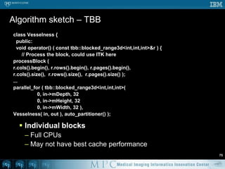Design considerationsBreak problem into blocksCompute hessian, eigenvalues, and vesselnessReduces memory requirementsIncurs overhead, boundary conditions68