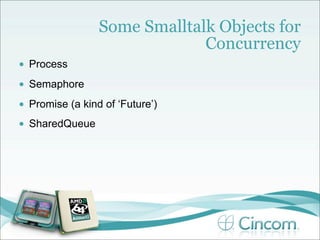 Some Smalltalk Objects for
                                Concurrency
•   Process
•   Semaphore
•   Promise (a kind of ‘Future’)
•   SharedQueue
 