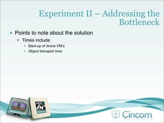 Experiment II – Addressing the
                                  Bottleneck
•   Points to note about the solution
     Times include
       • Start-up of drone VM’s
       • Object transport time
 
