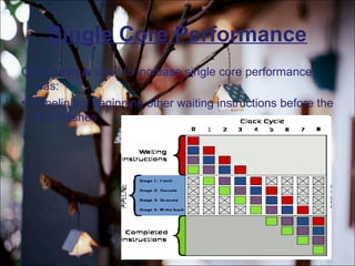 Single Core Performance
On technique used to increase single core performance
was:
• Pipelining: beginning other waiting instructions before the
first finishes
 