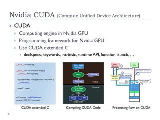 Nvidia CUDA                   (Compute Unified Device Architecture)

   CUDA
       Computing engine in Nvidia GPU
       Programming framework for Nvidia GPU
       Use CUDA extended C
           declspecs, keywords, intrinsic, runtime API, function launch, …




        CUDA extended C             Compiling CUDA Code       Processing flow on CUDA
 