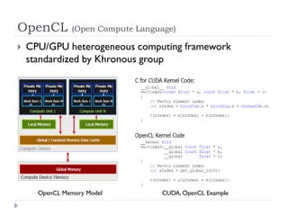 OpenCL          (Open Compute Language)

   CPU/GPU heterogeneous computing framework
    standardized by Khronous group




      OpenCL Memory Model          CUDA, OpenCL Example
 