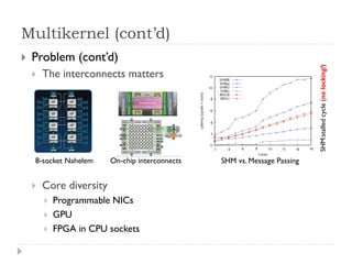 Multikernel (cont’d)
   Problem (cont’d)




                                                                           SHM:stalled cycle (no locking!)
       The interconnects matters




    8-socket Nahelem     On-chip interconnects   SHM vs. Message Passing


       Core diversity
           Programmable NICs
           GPU
           FPGA in CPU sockets
 