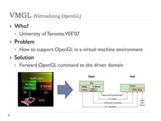 VMGL          (Virtualizing OpenGL)

   Who?
       University of Toronto, VEE’07
   Problem
       How to support OpenGL in a virtual machine environment
   Solution
       Forward OpenGL command to the driver domain
 