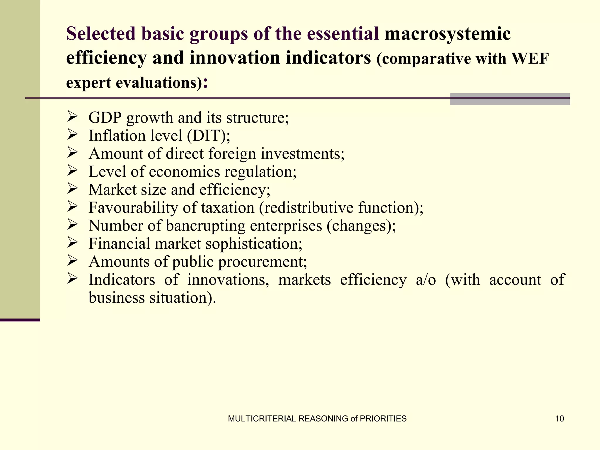 Selected basic groups of the essential  macrosystemic   efficiency and innovation  indicators   (comparative with WEF expert evaluations) : GDP growth  and its structure; Inflation level  (DIT);   Amount of direct foreign investments; Level of economics regulation; Market size and efficiency;  Favourability of taxation (redistributive function);  Number of bancrupting enterprises (changes);  Financial market sophistication; Amounts of public procurement; Indicators of innovations, markets efficiency a/o (with account of business situation). 