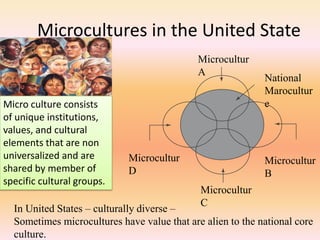 Microcultures in the United State
Microcultur
A
Micro culture consists
of unique institutions,
values, and cultural
elements that are non
universalized and are
shared by member of
specific cultural groups.

Microcultur
D

National
Marocultur
e

Microcultur
B

Microcultur
C

In United States – culturally diverse –
Sometimes microcultures have value that are alien to the national core
culture.

 