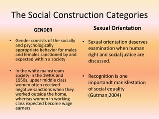 The Social Construction Categories
GENDER
• Gender consists of the socially
and psychologically
appropriate behavior for males
and females sanctioned by and
expected within a society
• In the white mainstream
society in the 1940s and
1950s, upper middle class
women often received
negative sanctions when they
worked outside the home,
whereas women in working
class expected become wage
earners

Sexual Orientation
• Sexual orientation deserves
examination when human
right and social justice are
discussed.
• Recognition is one
importandt manisfestation
of social equality
(Gutman,2004)

 