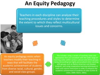 An Equity Pedagogy
Teachers in each discipline can analyze their
teaching procedures and styles to determine
the extent to which they reflect multicultural
issues and concerns.

An equity pedagogy exists when
teachers modify their teaching in
ways that will facilitate the
academic achievement of students
from diverse racial, cultural, gender,
and social-class groups.

This includes using a variety of teaching styles and
approaches that are consistent with the wide range of
learning styles within various cultural and ethnic groups,
being demanding but highly personalized when working
with groups such as Native American and Alaskan
students, and using cooperative learning techniques in
math and science instruction in order to enhance the
academic achievement of students of color (Cohen &
Lotan, 2004; Slavin, 2001).

 
