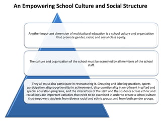 An Empowering School Culture and Social Structure

Another important dimension of multicultural education is a school culture and organization
that promote gender, racial, and social-class equity.

The culture and organization of the school must be examined by all members of the school
staff.

They all must also participate in restructuring it. Grouping and labeling practices, sports
participation, disproportionality in achievement, disproportionality in enrollment in gifted and
special education programs, and the interaction of the staff and the students across ethnic and
racial lines are important variables that need to be examined in order to create a school culture
that empowers students from diverse racial and ethnic groups and from both gender groups.

 