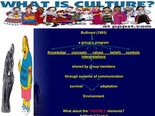 The Meaning of Culture

Bullivant (1993)
a group’s program
Knowledge

concepts
values
interpretations

beliefs

shared by group members
through systems of communication
survival

adaptation
Environment

What about the TANGIBLE elements?

symbols

 