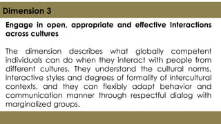 Engage in open, appropriate and effective Interactions
across cultures
The dimension describes what globally competent
individuals can do when they interact with people from
different cultures. They understand the cultural norms,
interactive styles and degrees of formality of intercultural
contexts, and they can flexibly adapt behavior and
communication manner through respectful dialog with
marginalized groups.
Dimension 3
 