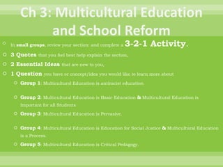In small groups , review your section: and complete a 3-2-1 Activity . 3 Quotes that you feel best help explain the section, 2 Essential Ideas that are new to you, 1 Question you have or concept/idea you would like to learn more about Group 1 : Multicultural Education is antiracist education Group 2 : Multicultural Education is Basic Education & Multicultural Education is Important for all Students Group 3 : Multicultural Education is Pervasive. Group 4 : Multicultural Education is Education for Social Justice & Multicultural Education is a Process. Group 5 : Multicultural Education is Critical Pedagogy.