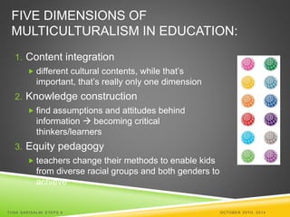 FIVE DIMENSIONS OF 
MULTICULTURALISM IN EDUCATION: 
1. Content integration 
 different cultural contents, while that’s 
important, that’s really only one dimension 
2. Knowledge construction 
 find assumptions and attitudes behind 
information  becoming critical 
thinkers/learners 
3. Equity pedagogy 
 teachers change their methods to enable kids 
from diverse racial groups and both genders to 
achieve 
TI INA SARISALMI STEPS 6 OCTOBER 29TH, 2014 
 
