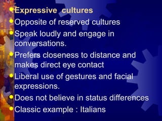 Expressive cultures
Opposite of reserved cultures
Speak loudly and engage in
conversations.
Prefers closeness to distance and
makes direct eye contact
Liberal use of gestures and facial
expressions.
Does not believe in status differences
Classic example : Italians
 
