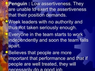 Penguin : Low assertiveness. They
are unable to exert the assertiveness
that their position demands.
Week leaders with no authority and
thus not taken seriously enough.
Everyone in the team starts to work
independently and soon the team falls
apart.
Believes that people are more
important that performance and that if
people are well treated, they will
 