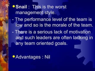 Snail : This is the worst
management style.
- The performance level of the team is
low and so is the morale of the team.
- There is a serious lack of motivation
and such leaders are often lacking in
any team oriented goals.
Advantages : Nil
 