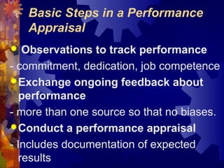 Basic Steps in a Performance
Appraisal
 Observations to track performance
- commitment, dedication, job competence
Exchange ongoing feedback about
performance
- more than one source so that no biases.
Conduct a performance appraisal
- Includes documentation of expected
results
 