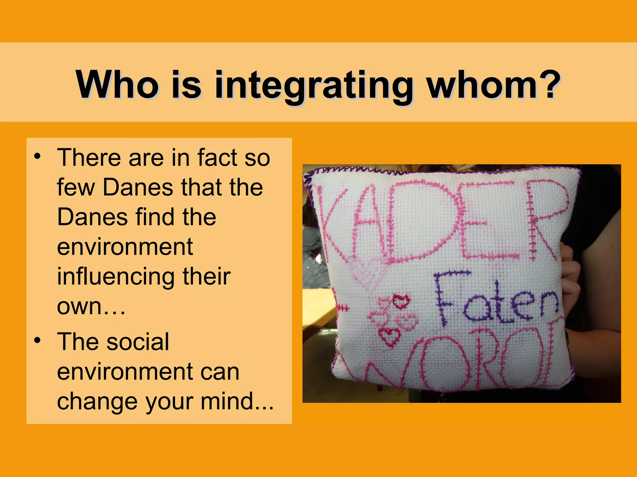 Who is integrating  whom? There are in fact so few Danes that the Danes find the environment influencing their own… The social environment can change your mind... 