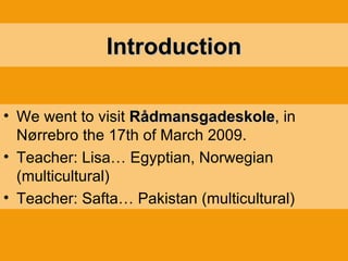 Introduction We went to visit  Rådmansgadeskole , in Nørrebro the 17th of March 2009. Teacher: Lisa… Egyptian, Norwegian (multicultural) Teacher: Safta… Pakistan (multicultural) 