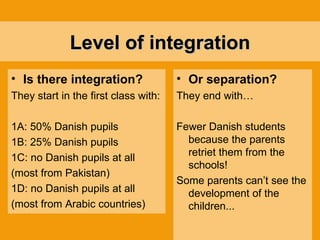 Level of integration Is there integration? They start in the first class with: 1A: 50% Danish pupils 1B: 25% Danish pupils 1C: no Danish pupils at all (most from Pakistan) 1D: no Danish pupils at all (most from Arabic countries) Or separation? They end with… Fewer Danish students because the parents retriet them from the schools! Some parents can’t see the  development  of the children...  