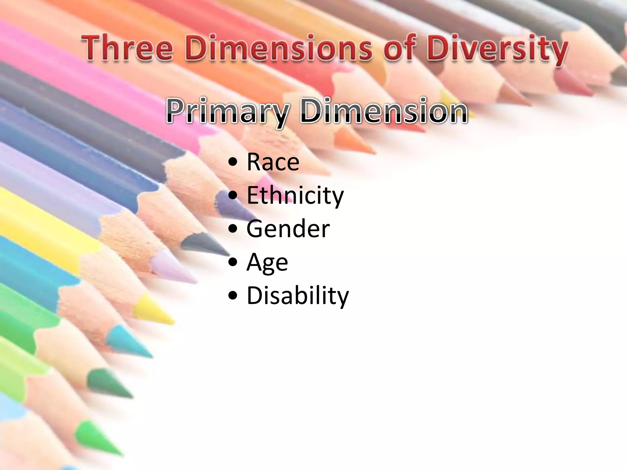 • Race
• Ethnicity
• Gender
• Age
• Disability

 