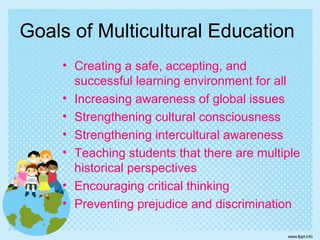 Goals of Multicultural Education
• Creating a safe, accepting, and
successful learning environment for all
• Increasing awareness of global issues
• Strengthening cultural consciousness
• Strengthening intercultural awareness
• Teaching students that there are multiple
historical perspectives
• Encouraging critical thinking
• Preventing prejudice and discrimination
 