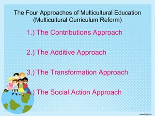 The Four Approaches of Multicultural Education
(Multicultural Curriculum Reform)
1.) The Contributions Approach
2.) The Additive Approach
3.) The Transformation Approach
4.) The Social Action Approach
 