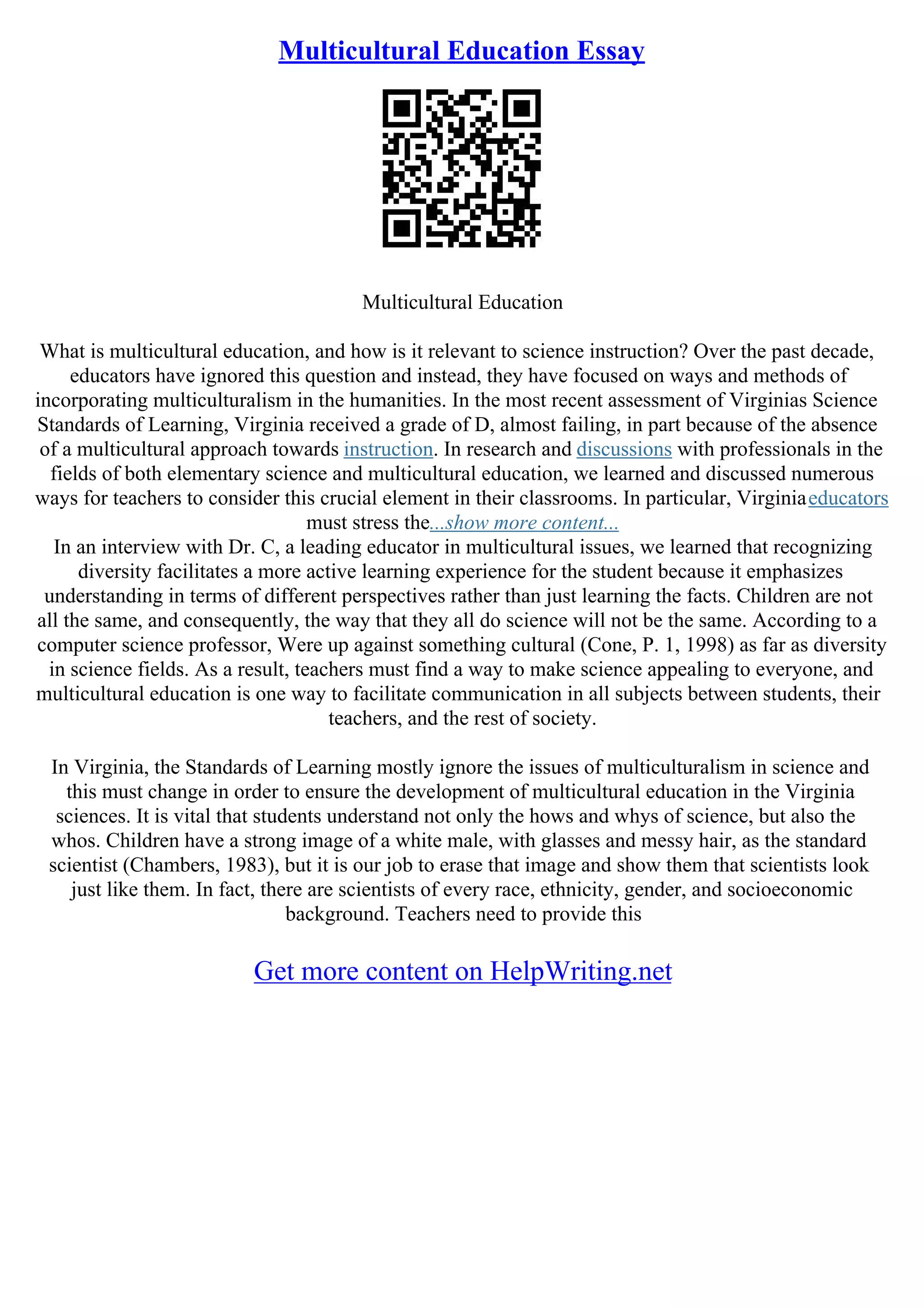 Multicultural Education Essay | PDF