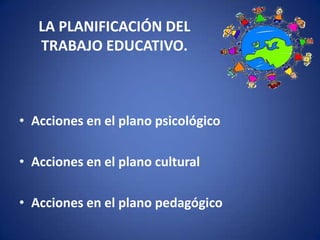 LA PLANIFICACIÓN DEL
TRABAJO EDUCATIVO.

• Acciones en el plano psicológico
• Acciones en el plano cultural
• Acciones en el plano pedagógico

 