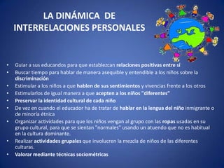 LA DINÁMICA DE
INTERRELACIONES PERSONALES

•
•
•
•
•
•
•

•
•

Guiar a sus educandos para que establezcan relaciones positivas entre sí
Buscar tiempo para hablar de manera asequible y entendible a los niños sobre la
discriminación
Estimular a los niños a que hablen de sus sentimientos y vivencias frente a los otros
Estimularlos de igual manera a que acepten a los niños "diferentes”
Preservar la identidad cultural de cada niño
De vez en cuando el educador ha de tratar de hablar en la lengua del niño inmigrante o
de minoría étnica
Organizar actividades para que los niños vengan al grupo con las ropas usadas en su
grupo cultural, para que se sientan "normales" usando un atuendo que no es habitual
en la cultura dominante.
Realizar actividades grupales que involucren la mezcla de niños de las diferentes
culturas.
Valorar mediante técnicas sociométricas

 