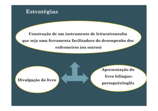 Estratégias
Construção de um instrumento de leitura/consulta
que seja uma ferramenta facilitadora do desempenho dos
enfermeiros (ou outros)
A dApresentação do
livro bilingue:
Divulgação do livro
português/inglês
Divulgação do livro
 