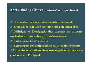 Actividades Chave (autores/coordenadores)Actividades Chave (autores/coordenadores)
Discussão e selecção das temáticas a abordar
Escolha, contactos e convites aos colaboradores
Definição e divulgação das normas de estrutu-ç g ç
ração dos artigos e dos prazos de entrega
l b dElaboração do orçamento
Elaboração dos artigos pelos autores do Projecto
Entrevistas a enfermeiros estrangeiros a exercer a
fi ã P t g lprofissão em Portugal
 