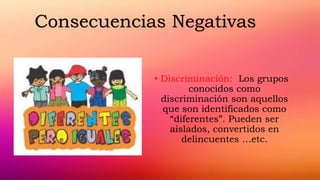 • Discriminación: Los grupos
conocidos como
discriminación son aquellos
que son identificados como
“diferentes”. Pueden ser
aislados, convertidos en
delincuentes …etc.
Consecuencias Negativas
 