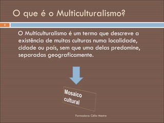 O que é o Multiculturalismo? O Multiculturalismo é um termo que descreve a existência de muitas culturas numa localidade, cidade ou país, sem que uma delas predomine, separadas geograficamente. Formadora: Célia Mestre 