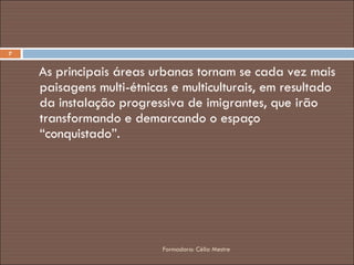 As principais áreas urbanas tornam se cada vez mais paisagens multi-étnicas e multiculturais, em resultado da instalação progressiva de imigrantes, que irão transformando e demarcando o espaço “conquistado”. Formadora: Célia Mestre 
