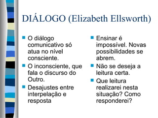 DIÁLOGO (Elizabeth Ellsworth)
 O diálogo
comunicativo só
atua no nível
consciente.
 O inconsciente, que
fala o discurso do
Outro.
 Desajustes entre
interpelação e
resposta
 Ensinar é
impossível. Novas
possibilidades se
abrem.
 Não se deseja a
leitura certa.
 Que leitura
realizarei nesta
situação? Como
responderei?
 