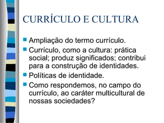 CURRÍCULO E CULTURA
 Ampliação do termo currículo.
 Currículo, como a cultura: prática
social; produz significados; contribui
para a construção de identidades.
 Políticas de identidade.
 Como respondemos, no campo do
currículo, ao caráter multicultural de
nossas sociedades?
 