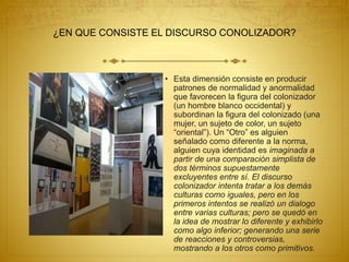 ¿EN QUE CONSISTE EL DISCURSO CONOLIZADOR?
• Esta dimensión consiste en producir
patrones de normalidad y anormalidad
que favorecen la figura del colonizador
(un hombre blanco occidental) y
subordinan la figura del colonizado (una
mujer, un sujeto de color, un sujeto
“oriental”). Un “Otro” es alguien
señalado como diferente a la norma,
alguien cuya identidad es imaginada a
partir de una comparación simplista de
dos términos supuestamente
excluyentes entre sí. El discurso
colonizador intenta tratar a los demás
culturas como iguales, pero en los
primeros intentos se realizó un dialogo
entre varias culturas; pero se quedó en
la idea de mostrar lo diferente y exhibirlo
como algo inferior; generando una serie
de reacciones y controversias,
mostrando a los otros como primitivos.
 