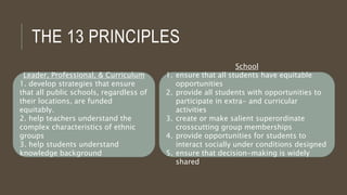 THE 13 PRINCIPLES
Leader, Professional, & Curriculum
1. develop strategies that ensure
that all public schools, regardless of
their locations, are funded
equitably.
2. help teachers understand the
complex characteristics of ethnic
groups
3. help students understand
knowledge background
School
1. ensure that all students have equitable
opportunities
2. provide all students with opportunities to
participate in extra- and curricular
activities
3. create or make salient superordinate
crosscutting group memberships
4. provide opportunities for students to
interact socially under conditions designed
5. ensure that decision-making is widely
shared
 