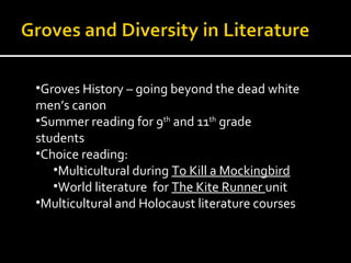 •Groves History – going beyond the dead white
men’s canon
•Summer reading for 9th and 11th grade
students
•Choice reading:
   •Multicultural during To Kill a Mockingbird
   •World literature for The Kite Runner unit
•Multicultural and Holocaust literature courses
 