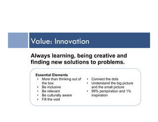 Value: Innovation
Always learning, being creative and
finding new solutions to problems.

 Essential Elements
  •  More than thinking out of   •  Connect the dots
     the box                     •  Understand the big picture
  •  Be inclusive                   and the small picture
  •  Be relevant                 •  99% perspiration and 1%
  •  Be culturally aware            inspiration
  •  Fill the void
 