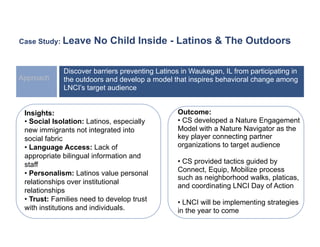 Case Study: Leave      No Child Inside - Latinos & The Outdoors

             Discover barriers preventing Latinos in Waukegan, IL from participating in
Approach     the outdoors and develop a model that inspires behavioral change among
             LNCI’s target audience


 Insights:                                       Outcome:
 •  Social Isolation: Latinos, especially        •  CS developed a Nature Engagement
 new immigrants not integrated into              Model with a Nature Navigator as the
 social fabric                                   key player connecting partner
 •  Language Access: Lack of                     organizations to target audience
 appropriate bilingual information and
 staff                                           •  CS provided tactics guided by
                                                 Connect, Equip, Mobilize process
 •  Personalism: Latinos value personal
                                                 such as neighborhood walks, platicas,
 relationships over institutional
                                                 and coordinating LNCI Day of Action
 relationships
 •  Trust: Families need to develop trust        •  LNCI will be implementing strategies
 with institutions and individuals.              in the year to come
 