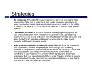 Strategies
•    Be a resource. Think about how your organization can be a resource to these
     communities. Take time to understand their needs, wants and aspirations. It’s
     about meeting their needs, your organizations’ needs and meeting in the middle
     or reaching the sweet spot. Once you hit the sweet spot, you can move forward
     together.

•    Understand your market. Be clear on whom you’re trying to engage and the
     best strategies to reach them. To reach young professionals, use leadership
     opportunities, social events and online networks; to reach families, be flexible and
     utilize family friendly activities and to reach new immigrants, utilize church
     networks and Spanish language media.

•    Make your organizational brand multicultural friendly. Show the diversity of
     your organization, leaders and people you serve through your marketing
     materials. It’s important to balance how you showcase the people you serve and
     your organization’s leadership; show how multicultural communities are
     contributing to your mission; don’t just show them as recipients of services.
     Understand that your organization might have to go through a change to become
     more multicultural friendly. You might have to implement changes in your board
     structure or in how you deliver your services.
 