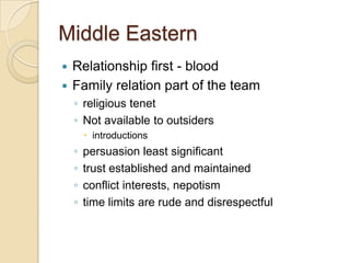 Middle Eastern
 Relationship first - blood
 Family relation part of the team
    ◦ religious tenet
    ◦ Not available to outsiders
         introductions
    ◦   persuasion least significant
    ◦   trust established and maintained
    ◦   conflict interests, nepotism
    ◦   time limits are rude and disrespectful
 