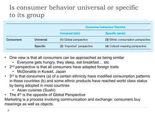 Is consumer behavior universal or specific
  to its group




• One view is that all consumers can be approached as being similar
    • Everyone gets hungry, they sleep, eat breakfast… etc
• 2nd perspective is that all consumers have adapted foreign traits
    • McDonalds in Kuwait, Japan
• 3rd is that consumers (a) of a certain ethnicity have modified consumption patterns
  in those countries (b) and some ethnic products have reached world class status
  by being adopted in most countries
    • Asian cuisines (Sushi)
• The 4th is the opposite of Global Perspective
Marketing is a process involving communication and exchange: consumers buy
meanings as well as objects.
 